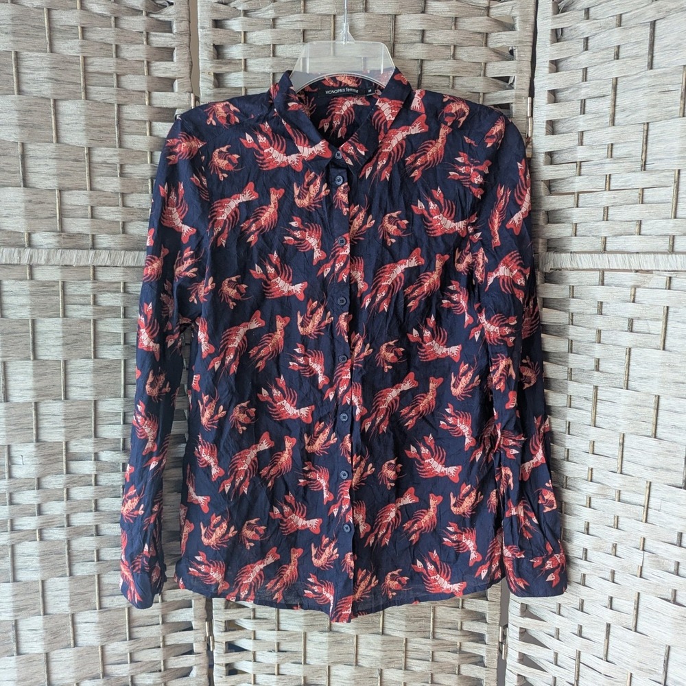 Monoprix Femme Button Up Shirt Navy Lobster Print Long Sleeve Sz 38 100% Cotton